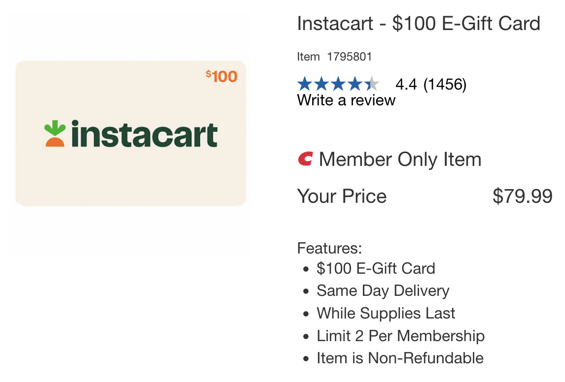 Discounted Instacart Gift Cards: $100 For $79.99 At Costco.com