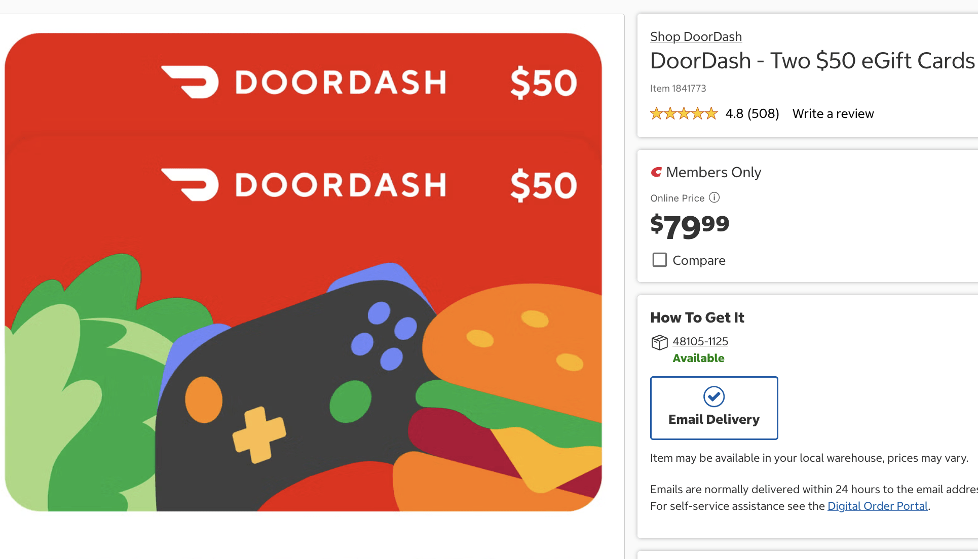 Discounted DoorDash Gift Cards: $100 for $79.99 at Costco.com