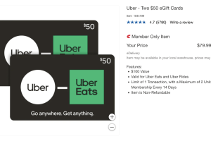 Discounted Uber Gift Cards: $100 for $79.99 at Costco.com